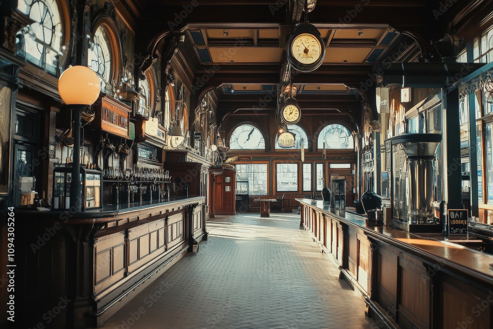 Fototapeta premium Beautiful Vintage Railway Station Interior With Classic Design