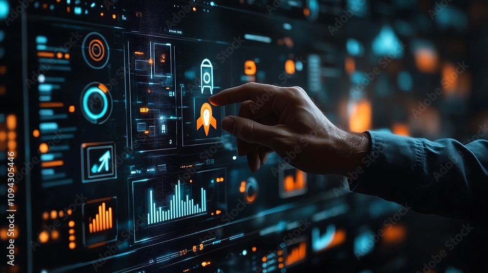 Businessman touching a growth graph with a rocket on virtual screen Businessman touching a growth graph with a rocket on virtual screen