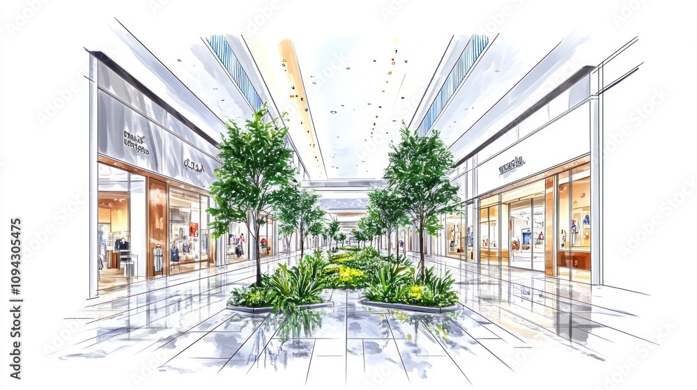A modern shopping mall interior featuring greenery and retail spaces. A modern shopping mall interior featuring greenery and retail spaces.