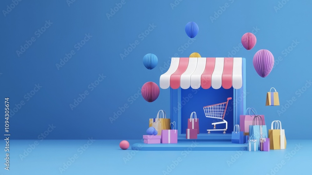 Online Shopping Store D Render Blue Background Shopping Bags Cart Balloons Online Shopping Store D Render Blue Background Shopping Bags Cart Balloons