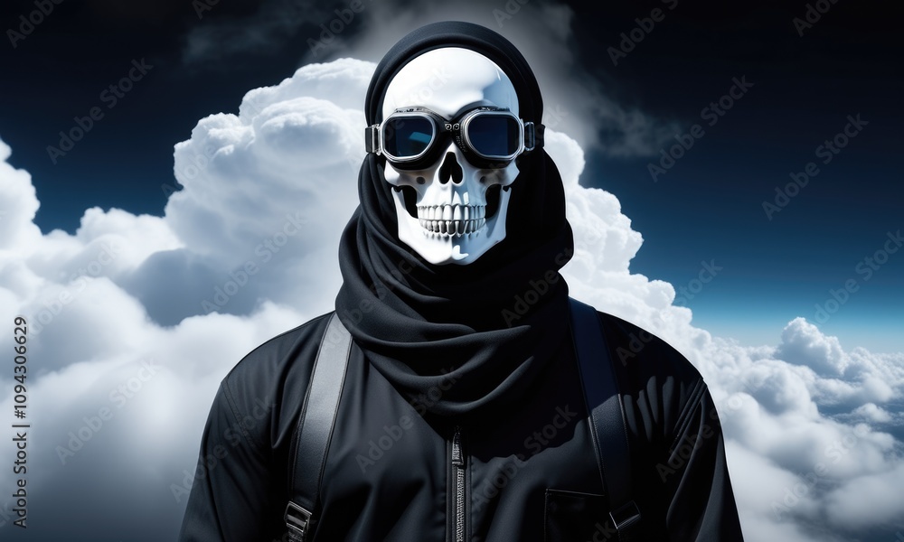 Mystical skullfaced figure in goggles against dramatic cloudy sky Mystical skullfaced figure in goggles against dramatic cloudy sky