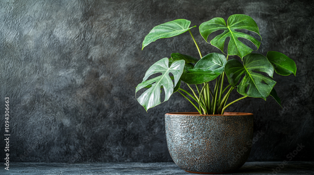 Monstera plant with large, glossy leaves in textured pot against dark background, adding touch of nature and elegance to any space Monstera plant with large, glossy leaves in textured pot against dark background, adding touch of nature and elegance to any space