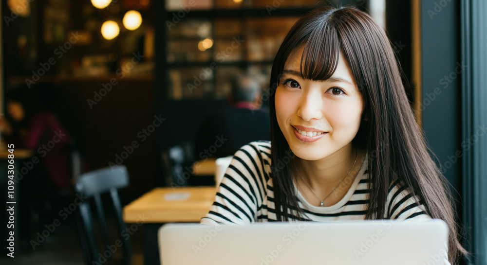 A young woman smiling at the camera through her laptop in a cafe A young woman smiling at the camera through her laptop in a cafe