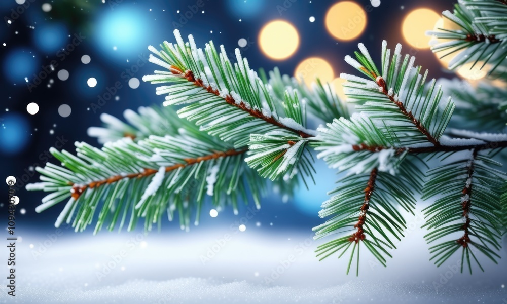 Obraz premium Snowcovered evergreen branches with bokeh lights in a winter wonderland