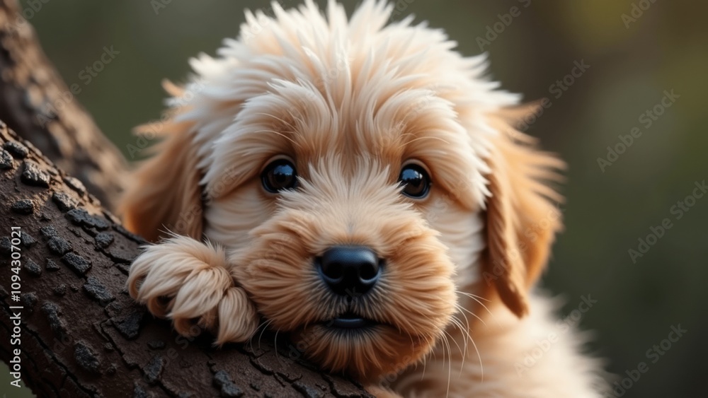 A Playful Puppy Resting on a Tree Branch in a Sunny Outdoor Setting During Early Afternoon Hours A Playful Puppy Resting on a Tree Branch in a Sunny Outdoor Setting During Early Afternoon Hours