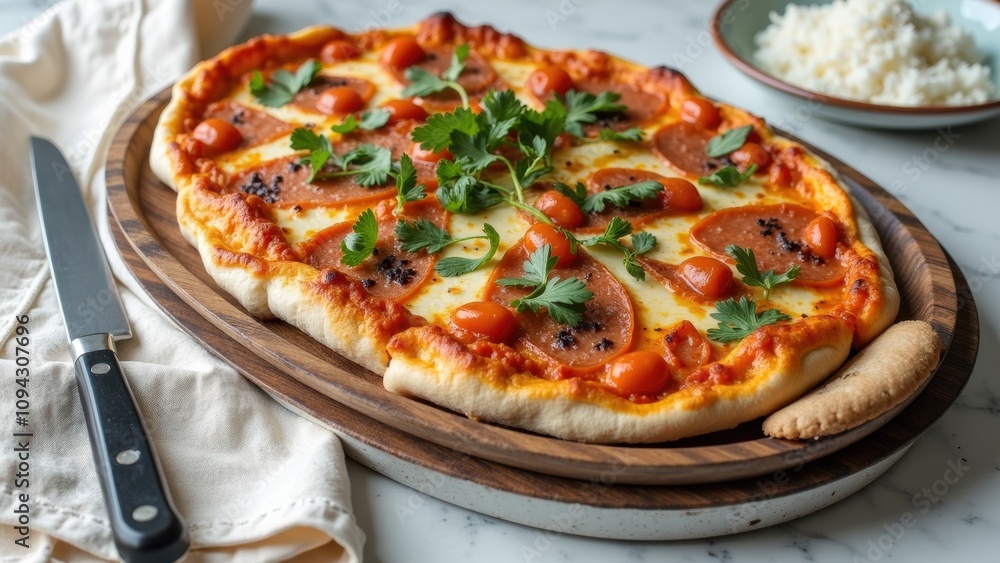 Delicious Pizza Topped With Fresh Tomatoes and Cilantro Served on a Wooden Platter at a Cozy Dining Table Delicious Pizza Topped With Fresh Tomatoes and Cilantro Served on a Wooden Platter at a Cozy Dining Table