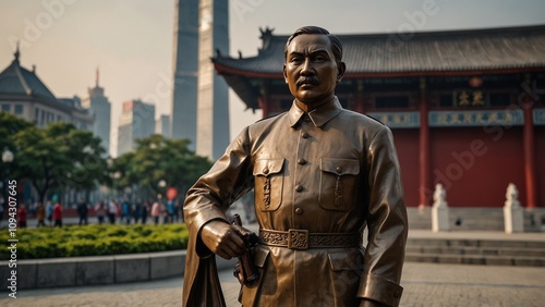 A statue of Sun Yat-sen, wearing Chinese Republican military attire, holding a pistol, with the backdrop of bustling Shanghai streets and historical buildings