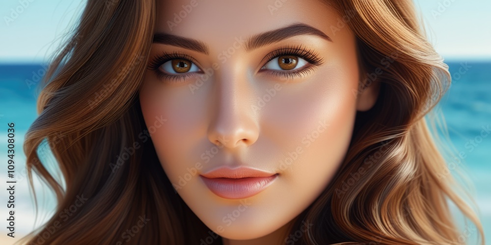Closeup portrait of a woman with wavy hair on a beach background Closeup portrait of a woman with wavy hair on a beach background