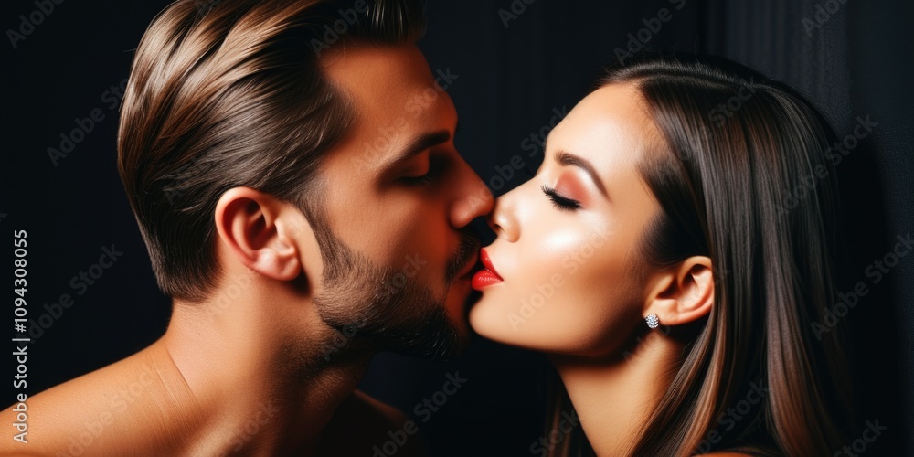 Romantic couple kissing passionately in intimate setting with dramatic lighting Romantic couple kissing passionately in intimate setting with dramatic lighting