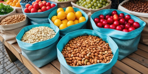 Colorful display of fresh fruits and nuts in vibrant market setting