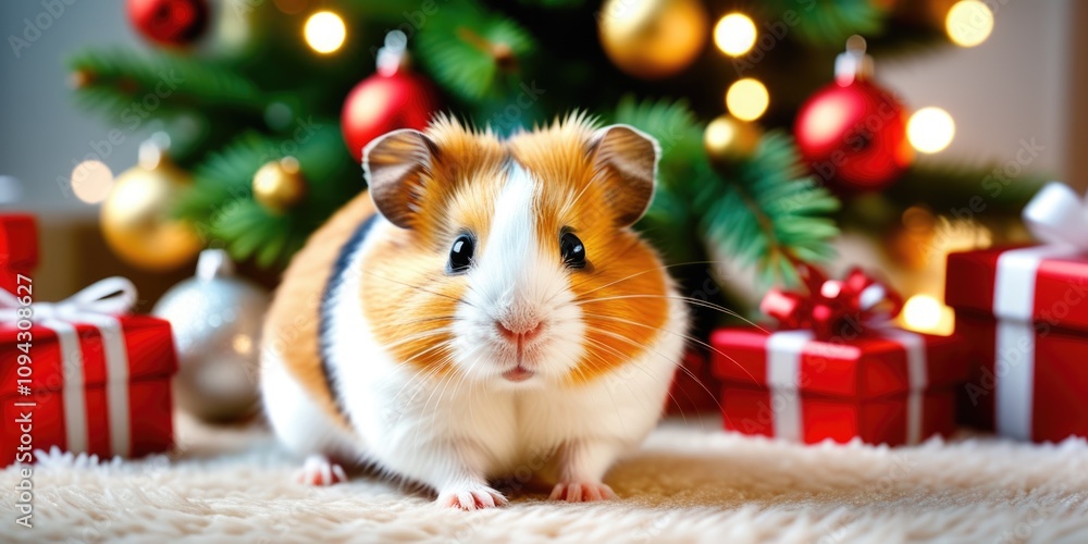 Festive guinea pig in christmas setting with gifts and tree Festive guinea pig in christmas setting with gifts and tree