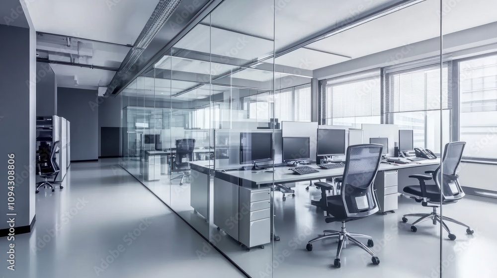 Modern office space with glass walls, desks, and computer workstations for productivity. Modern office space with glass walls, desks, and computer workstations for productivity.
