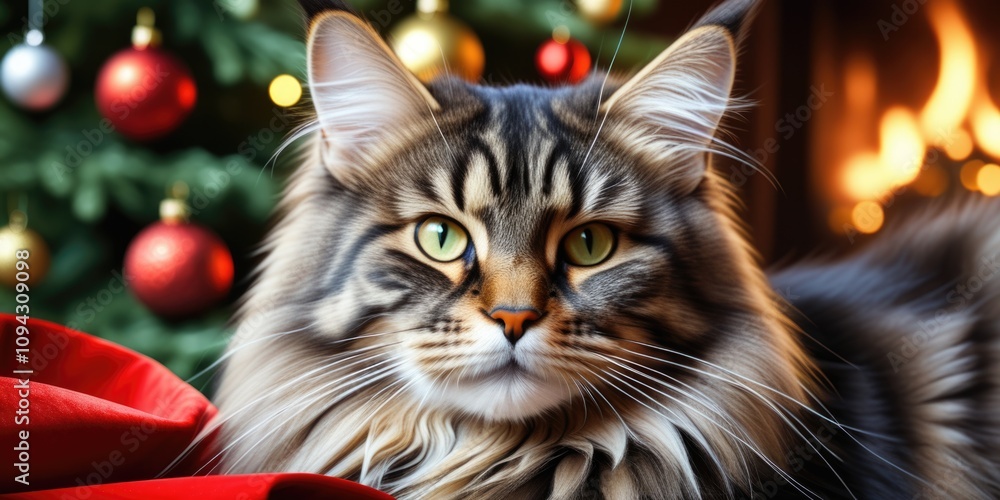 Maine coon cat relaxing by christmas tree with festive ornaments and cozy fireplace Maine coon cat relaxing by christmas tree with festive ornaments and cozy fireplace
