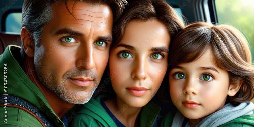 Portrait of a family with intensely bright green eyes in a natural setting Portrait of a family with intensely bright green eyes in a natural setting