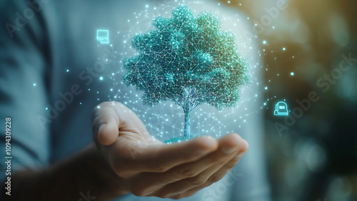 A businessman's hand holds a digital image of a tree, surrounded by connecting lines and dots, depicting a business that is always growing and developing.
