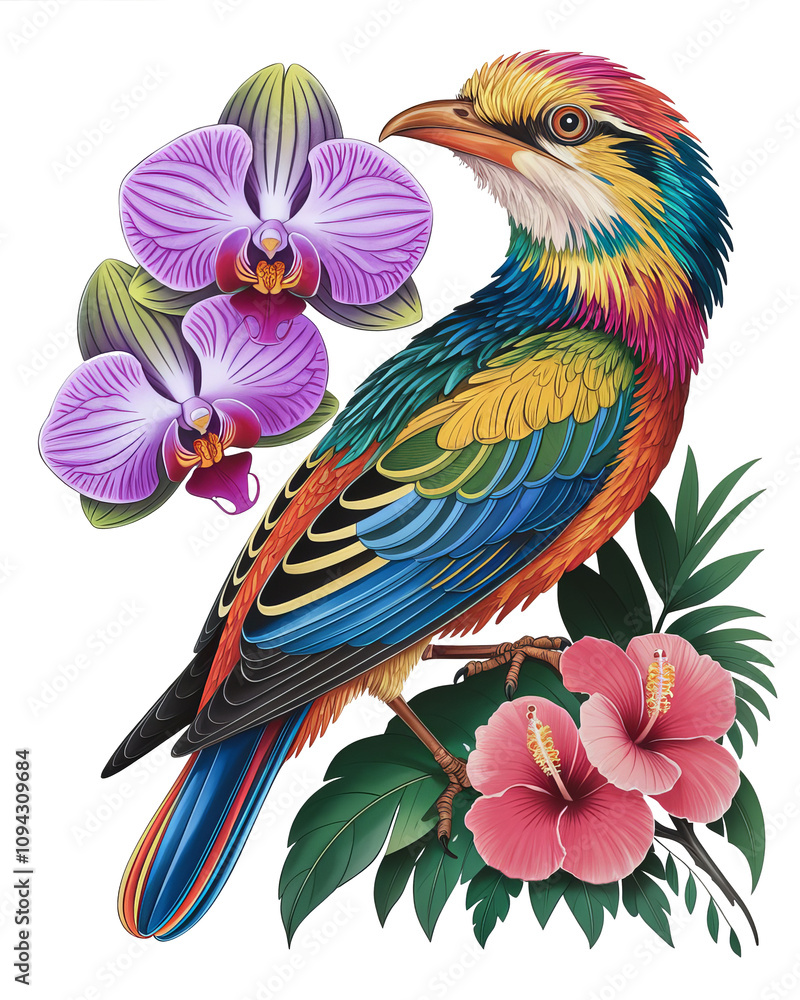 Obraz premium A Detailed Illustration of a Bird Surrounded by Vibrant Tropical Orchids and Hibiscus Flowers for Nature and Art Enthusiasts