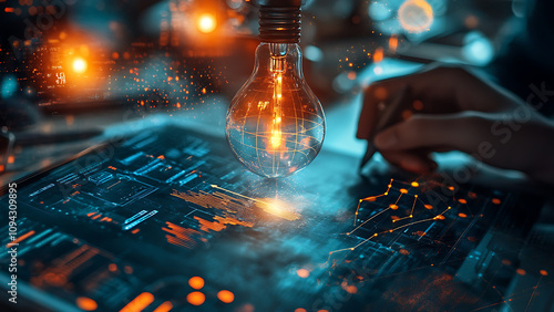 A lit lightbulb hangs over a dark document with glowing, complex graphics. A hand is drawing on the paper.