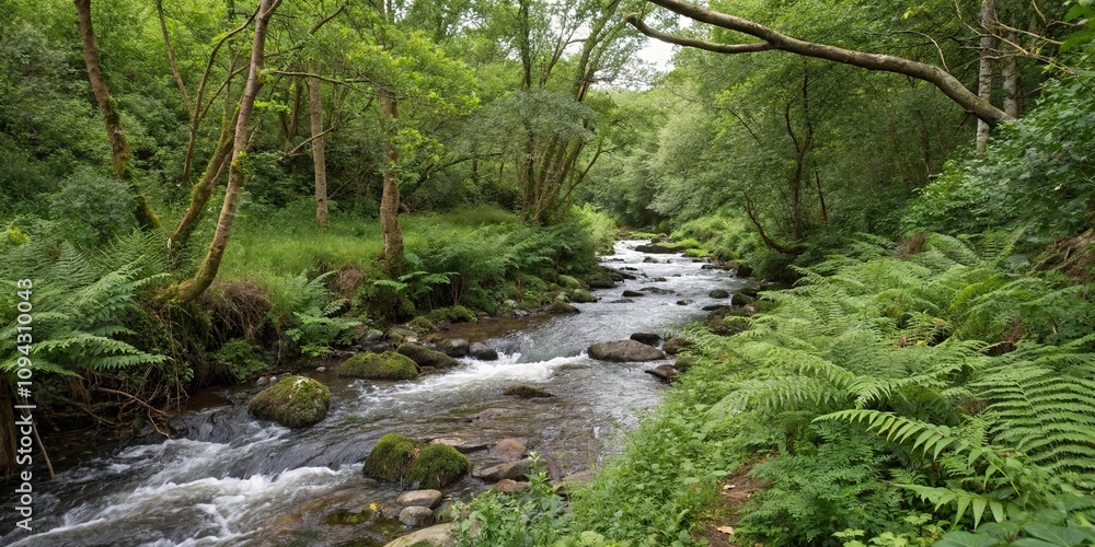A babbling brook flowing through a dense thicket of shrubs and ferns, greenery, forest brooks A babbling brook flowing through a dense thicket of shrubs and ferns, greenery, forest brooks