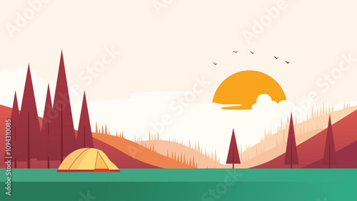 Camping Tent in Forest with Hill Landscape in Autumn Fall Season