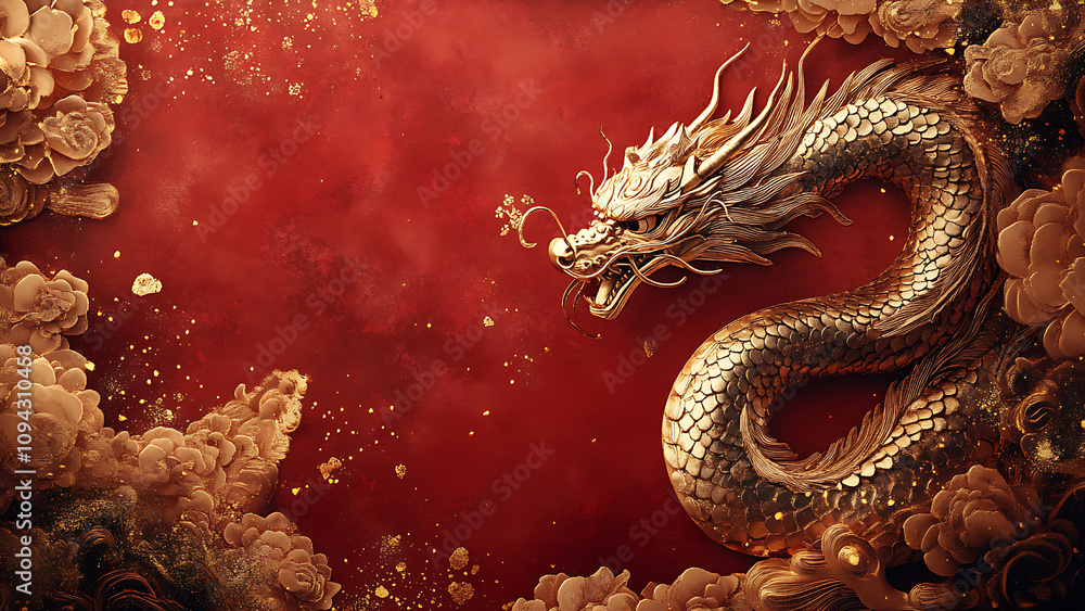 A golden dragon, with a red background and swirling clouds. A golden dragon, with a red background and swirling clouds.
