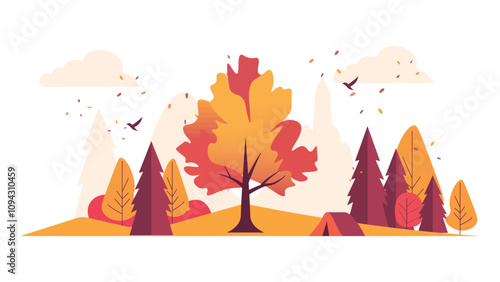 Camping Tent in Forest with Hill Landscape in Autumn Fall Season