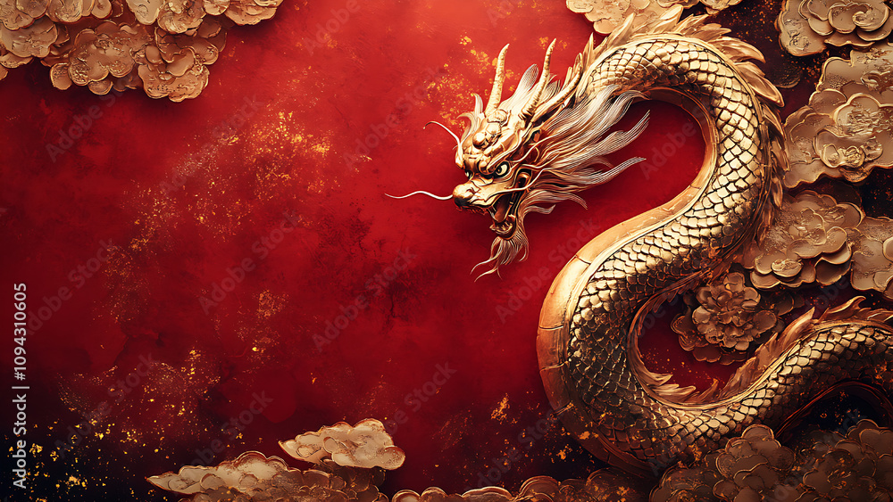 Fototapeta premium A golden dragon, with a red background and swirling clouds.