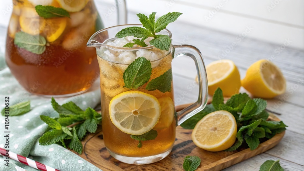 Sprigs of fresh mint floating in a pitcher of ice tea with lemon slices, garnish, lemon, pitcher Sprigs of fresh mint floating in a pitcher of ice tea with lemon slices, garnish, lemon, pitcher