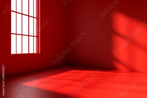 Minimalist Interior Design Space with Red Walls and Abstract Window Shadows