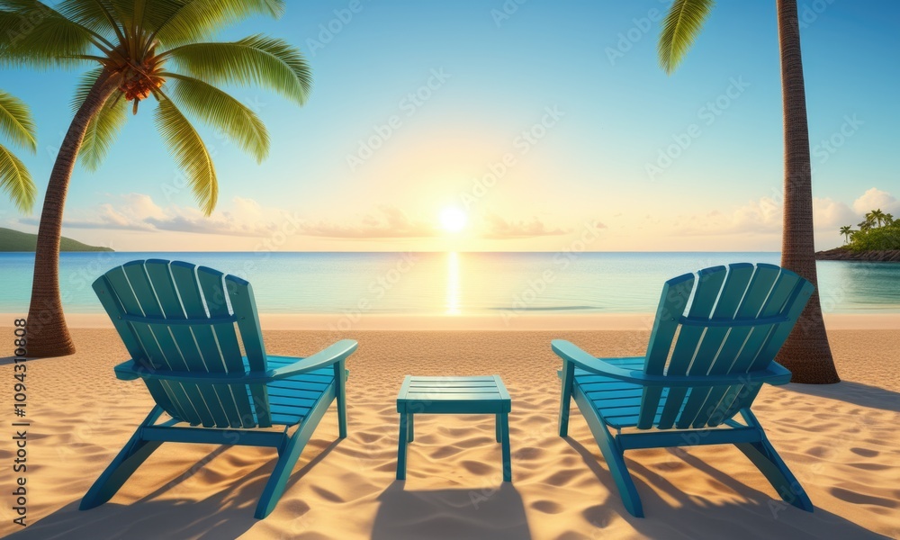 Tropical beach paradise at sunrise with palm trees and chairs Tropical beach paradise at sunrise with palm trees and chairs