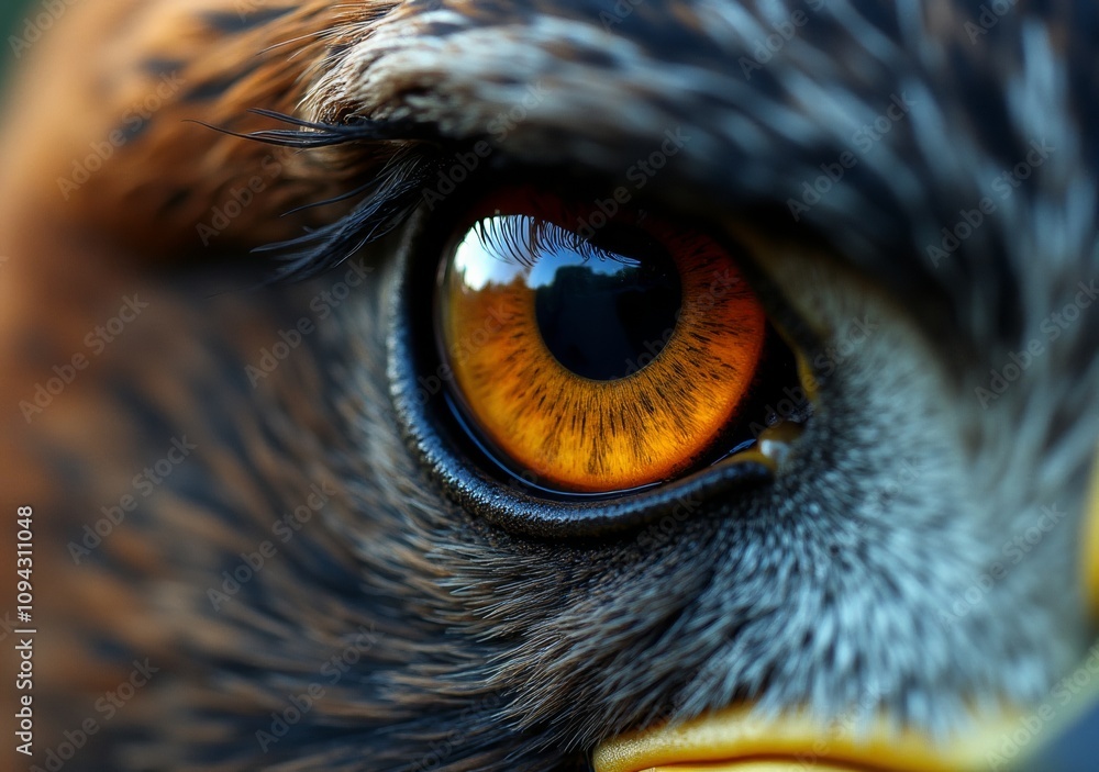 Close-up view of an eagle's striking golden eye showcasing intricate details Close-up view of an eagle's striking golden eye showcasing intricate details