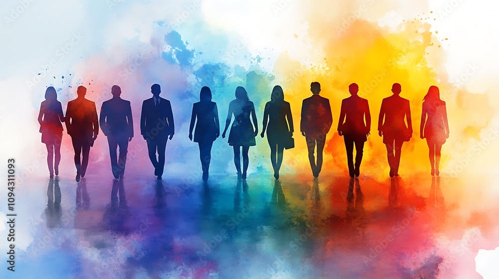 Business professionals walking together urban setting digital art vibrant colors inspirational concept Business professionals walking together urban setting digital art vibrant colors inspirational concept
