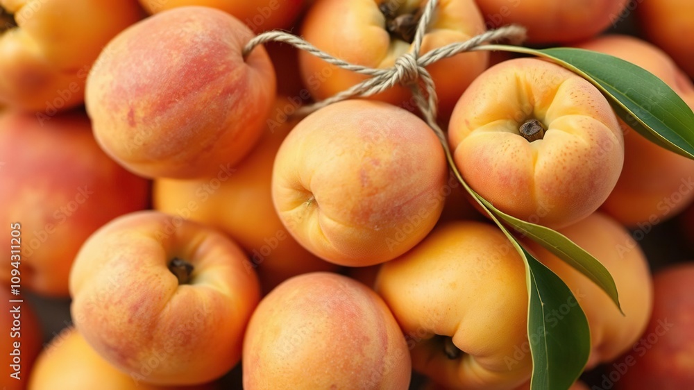 A bunch of fresh pure delight apricots tied together with twine, pure delight, spring, color A bunch of fresh pure delight apricots tied together with twine, pure delight, spring, color