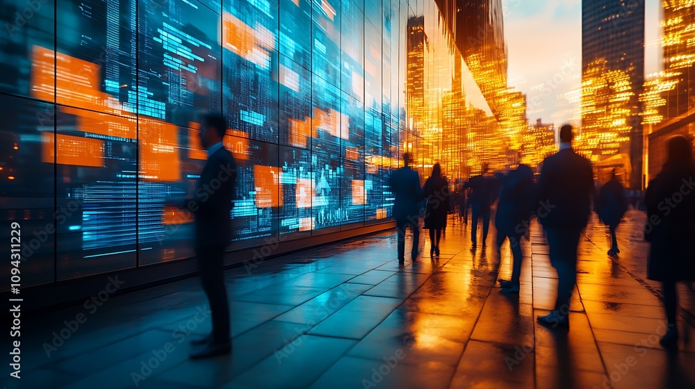 Digital interaction event urban cityscape visual data display nighttime futuristic concept Digital interaction event urban cityscape visual data display nighttime futuristic concept