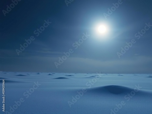 Softly glowing moonlight on a snowy plain, frosty landscape, nocturnal serenity, moonlit night