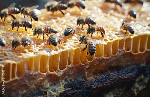 Bees Working Diligently on a Golden Honeycomb Structure