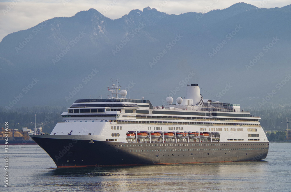 Classic luxury cruiseship cruise ship liner Volendam or Zaandam arrival into Vancouver, BC Canada after Alaska cruise with scenic harbor coast view and marine vessels Classic luxury cruiseship cruise ship liner Volendam or Zaandam arrival into Vancouver, BC Canada after Alaska cruise with scenic harbor coast view and marine vessels