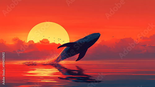 Calm and beautiful sea at sunset. Silhouette of whale jumping.