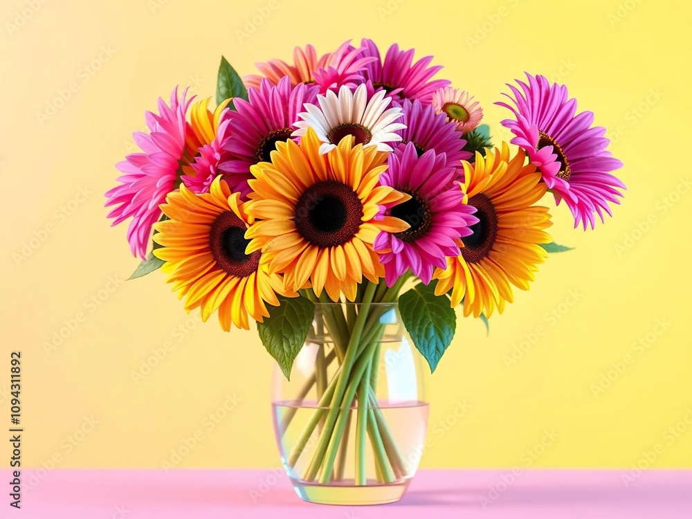 A colorful arrangement of pink sunflowers and gerbera daisies in a bright glass vase against a yellow and pink background, pink sunflowers, sunflower bouquet A colorful arrangement of pink sunflowers and gerbera daisies in a bright glass vase against a yellow and pink background, pink sunflowers, sunflower bouquet