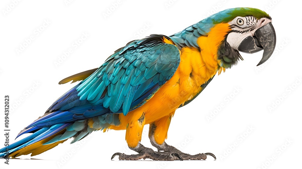 Fototapeta premium A vibrant macaw parrot with bold colors, isolated on a white background.