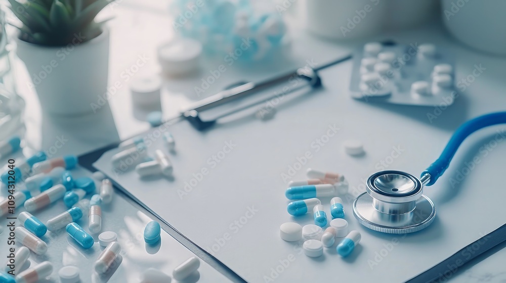 Close-up of a stethoscope, pills, and clipboard on a desk. Close-up of a stethoscope, pills, and clipboard on a desk.