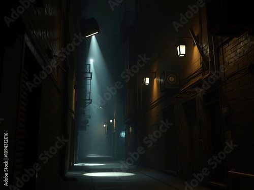 Narrow alleyway lined with dimly lit buildings and illuminated by bright spotlights casting long shadows through the smoky air, fog, eerie ambiance, smoke