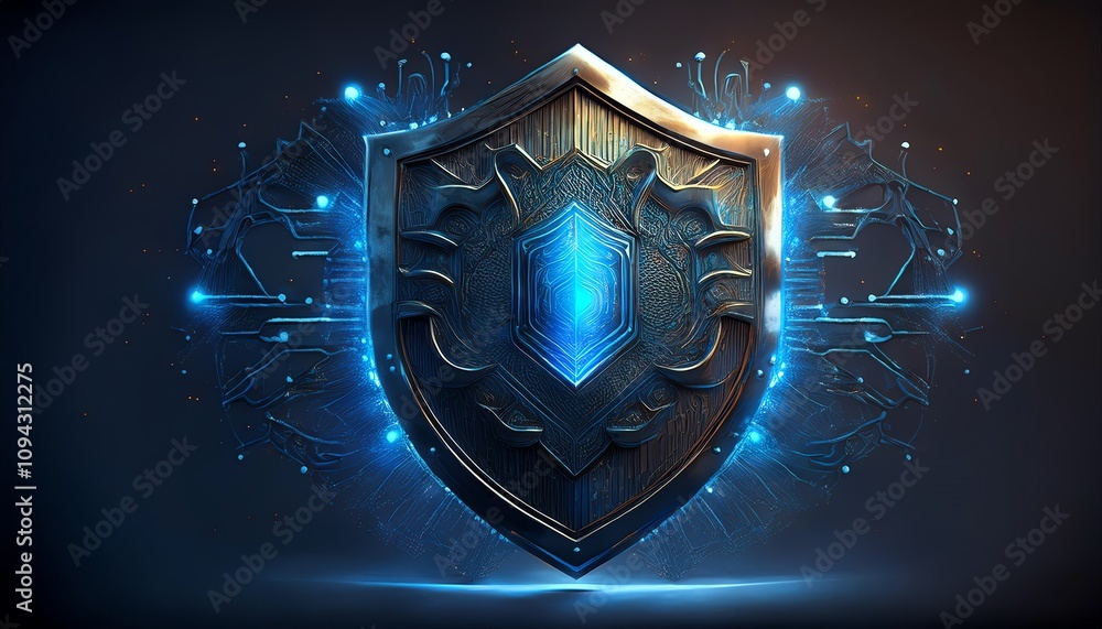 Fototapeta premium A futuristic shield design with a glowing blue emblem, surrounded by digital circuitry, symbolizing protection and technology.