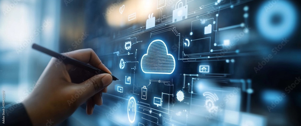 Cloud Icon Drawing on Glass Surface in Futuristic Web Design Concept with Digital Symbols and Icons