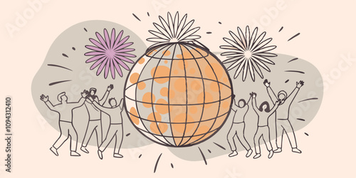 Minimalist Line Art Of Giant New Year's Eve ball dropping at midnight with celebratory crowd cheering. 