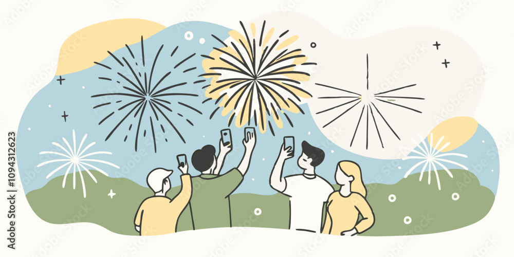 Naklejka premium Minimalist Line Art Of Massive New Year fireworks display lighting up the night sky with people celebrating and capturing memories.