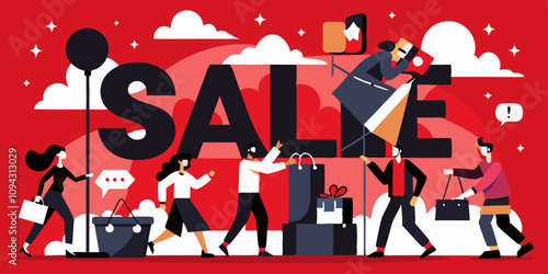 Gigantic 'SALE' sign in shopping frenzy scene with characters pointing, taking photos, and rushing for Black Friday discounts and deal