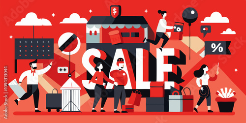 Gigantic 'SALE' sign in shopping frenzy scene with characters pointing, taking photos, and rushing for Black Friday discounts and deal