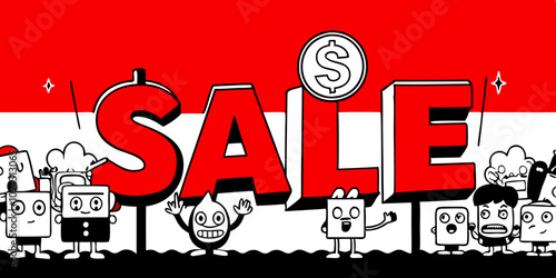 Minimalist Line Art Of Gigantic 'SALE' sign in shopping frenzy scene with characters pointing, taking photos, and rushing for Black Friday discounts and deal