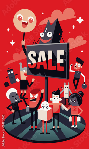 Gigantic 'SALE' sign in shopping frenzy scene with characters pointing, taking photos, and rushing for Black Friday discounts and deal