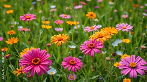 Vibrant wildflowers bloom in a lush green meadow with a sense of carefree abandon and joy, serene landscape, vibrant colours